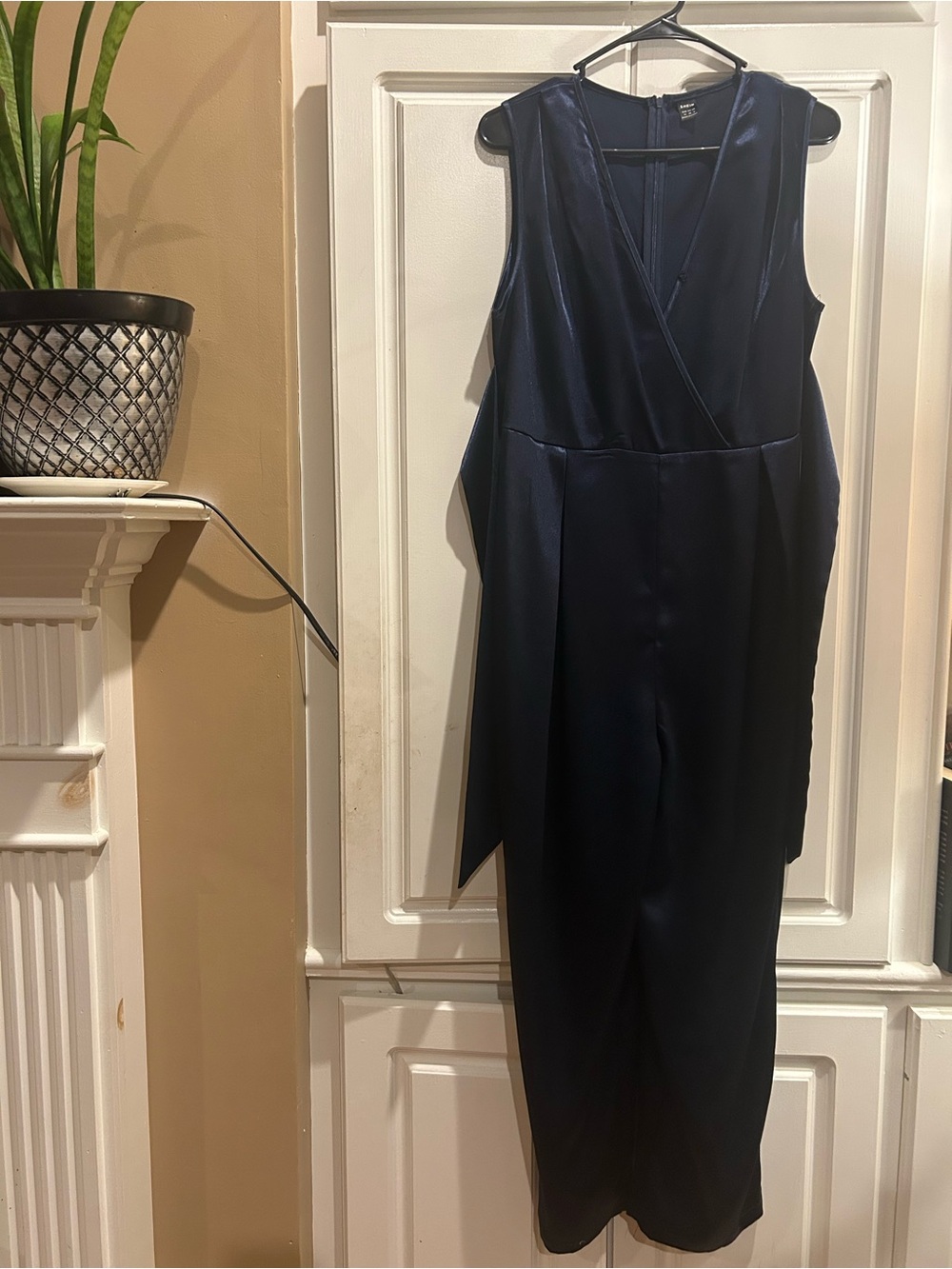 Navy Satin Wrap-Front Jumpsuit - Picture 13 of 15